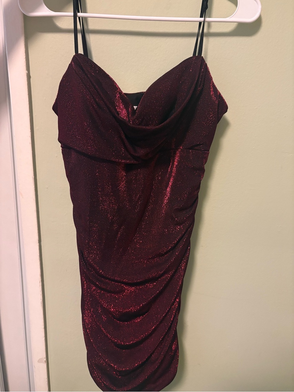 Emerald Sundae Shimmer Cowl-Neck Mini Dress in Burgundy